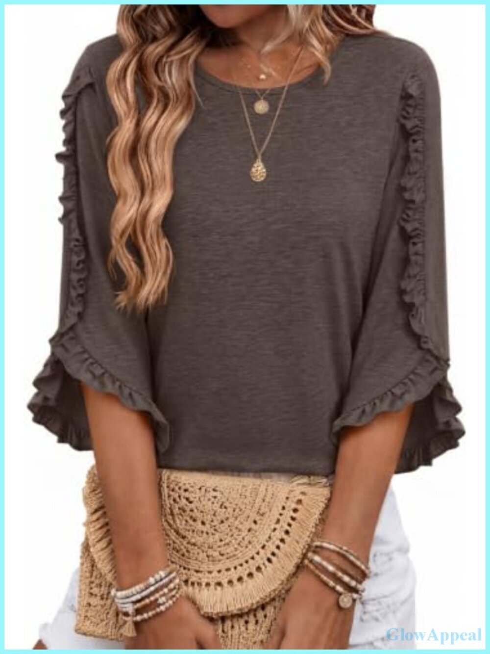3/4 Sleeve Womens Tunic Crewneck Ruffle Blouse Dressy Casual Business Top